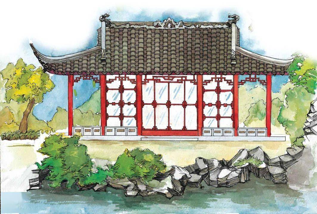 拙政园远香堂正面图厅堂是由古代单体建筑拆分而成的园林中的独立建筑