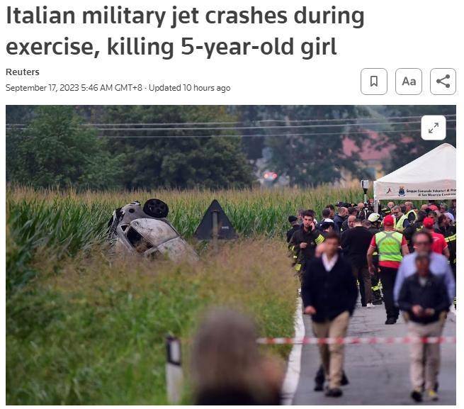 意大利空军表演队一架飞机坠毁 致一名5岁女童身亡