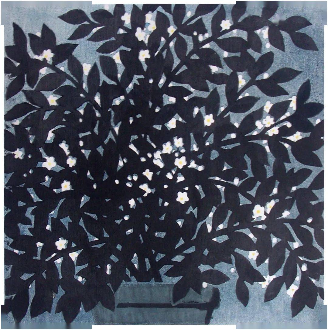 1990年朝花新雨后  水印木刻  40×40cm  1991年晚潮渔市旺  套色