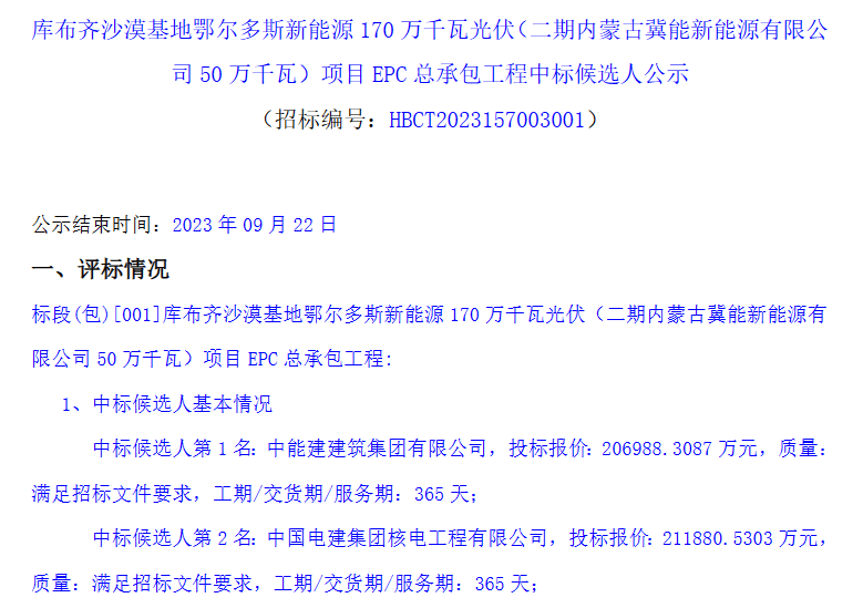 库布其大基地项目中标候选人公示，中能建建筑集团有限公司为第一中标候选人 工程 相关 产业