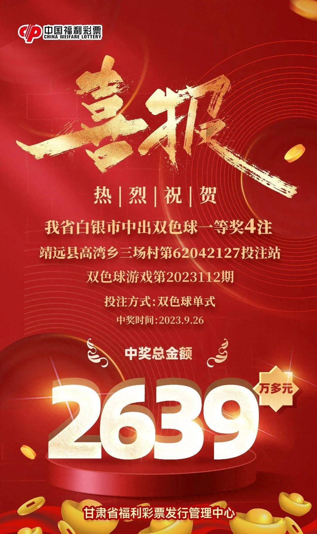 【白银福彩】特大喜报!甘肃白银喜中双色球头奖4注_中出_我省_奖金