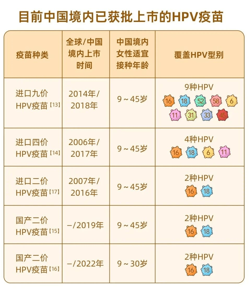 目前国内获批上市的hpv疫苗有3种,分别是二价,四价和九价,小编用一张