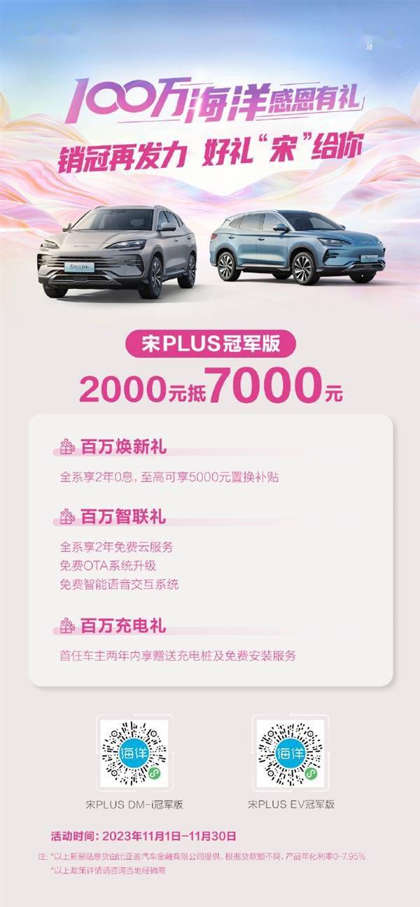 2000可抵7000元！比亚迪宋PLUS冠军版推出限时优惠活动：原价15.98万元起(图1)