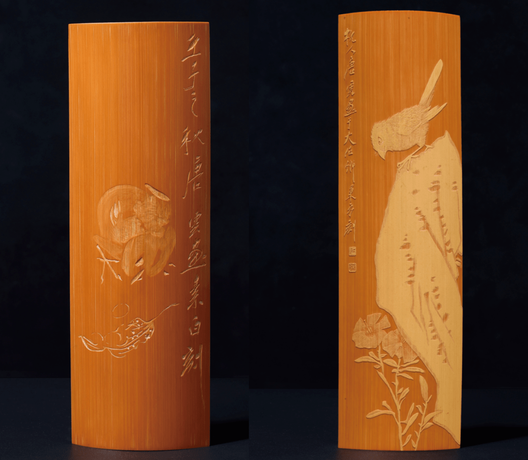 手法创作的竹刻作品对比展出,同样是唐云画的禽鸟题材,一浅刻,一留青