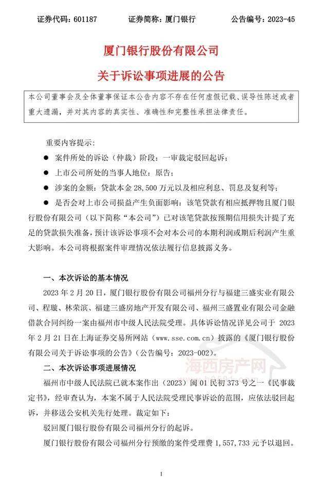 【關注】廈門銀行與三盛合同糾紛案被移送公安機關_福州_被告_分行