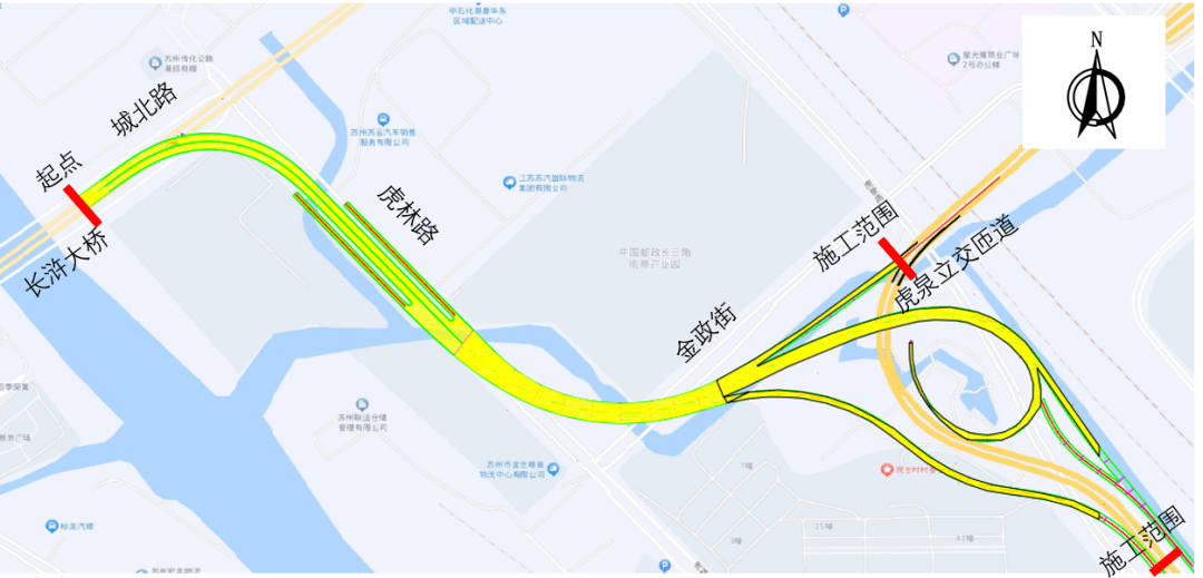 东至西环快速路虎泉路匝道,以高架形式向东跨越现状城北街,虎林路