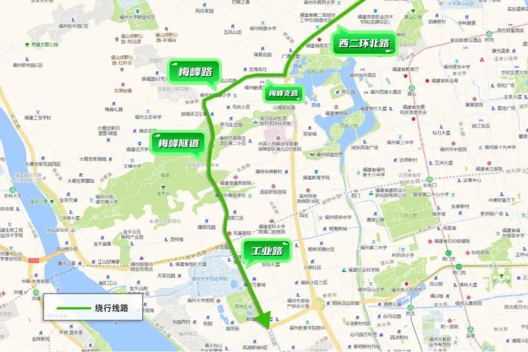 沿西二环北路——梅峰支路——梅峰路——梁厝路——洪甘路——洪山桥