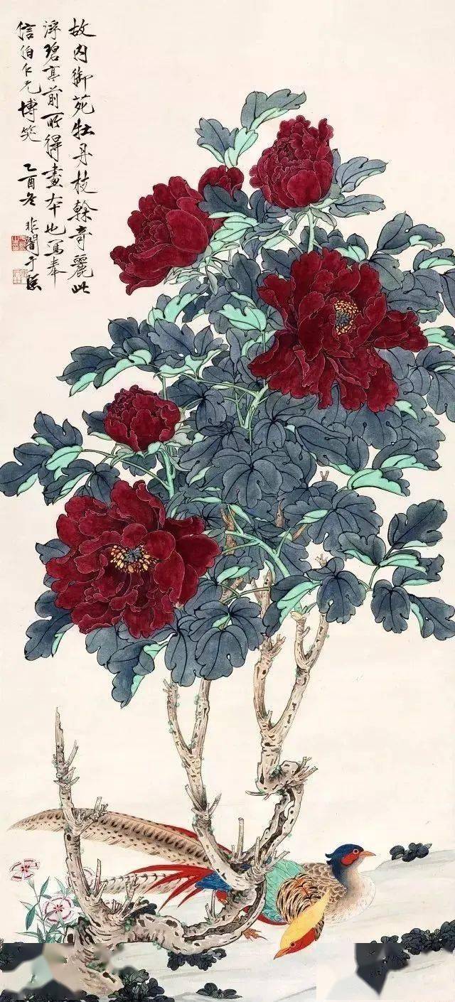 中国古美術☆純手描き花鳥四条屏・牡丹画芯☆国画・王雪涛印款
